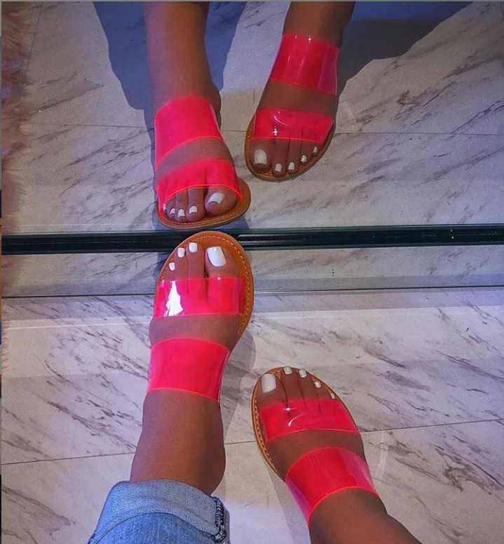 

SD-046 2019 New Design Women's Summer Open Toe Double Buckle PVC Straps jelly transparent Flat Sandals, Picture show , squine colors