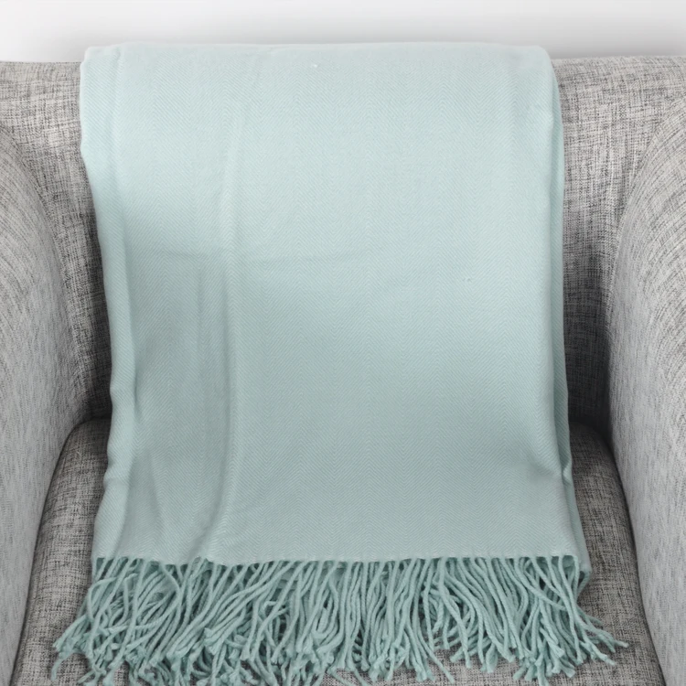 Wholesale Knit Mint Plain Color Custom Throw Woven Blanket With Herringbone Pattern Chevron
