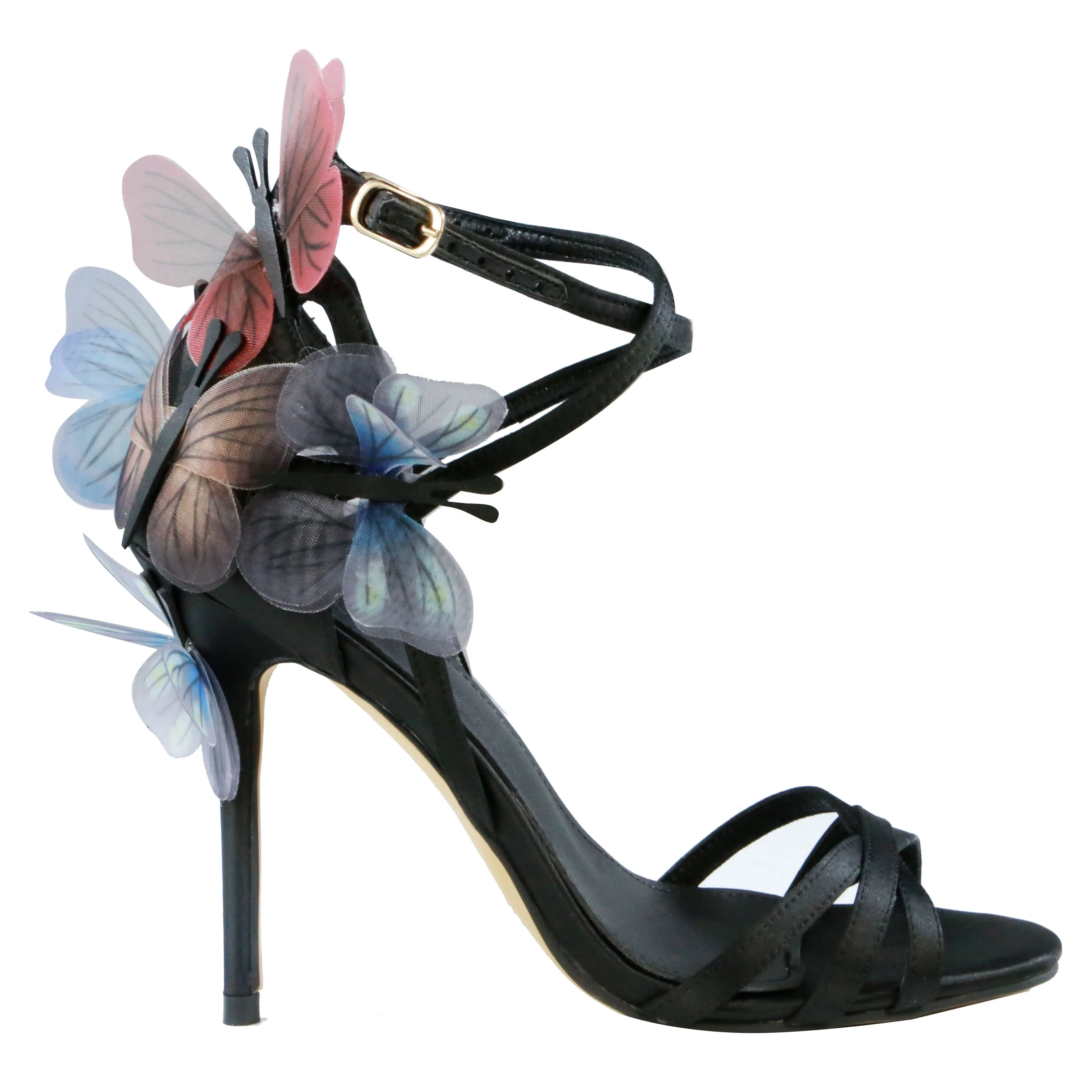 

Custom made new fashion butterfly decoration buckle strap women shoe high heel peep toe ladies sandals, Black ,yellow,blue