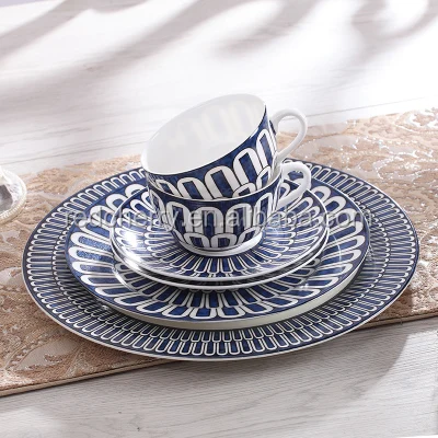 

6pcs/set new European style dinnerware setnavy blue rimmed bone china dinner plate