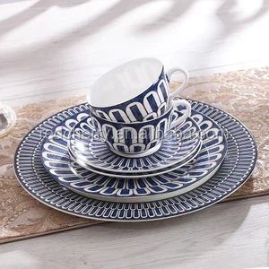 6pcs/set new European style dinnerware setnavy blue rimmed bone china dinner plate