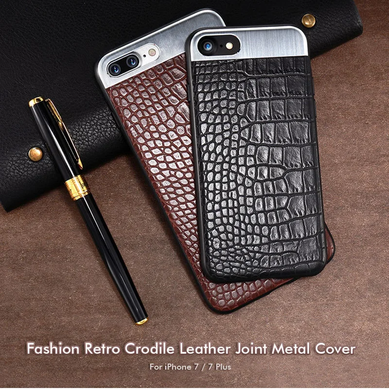 Retro Crodile Leather Joint Metal Back Cover for Iphone 6 / 7 / 8 Plus / X hard case