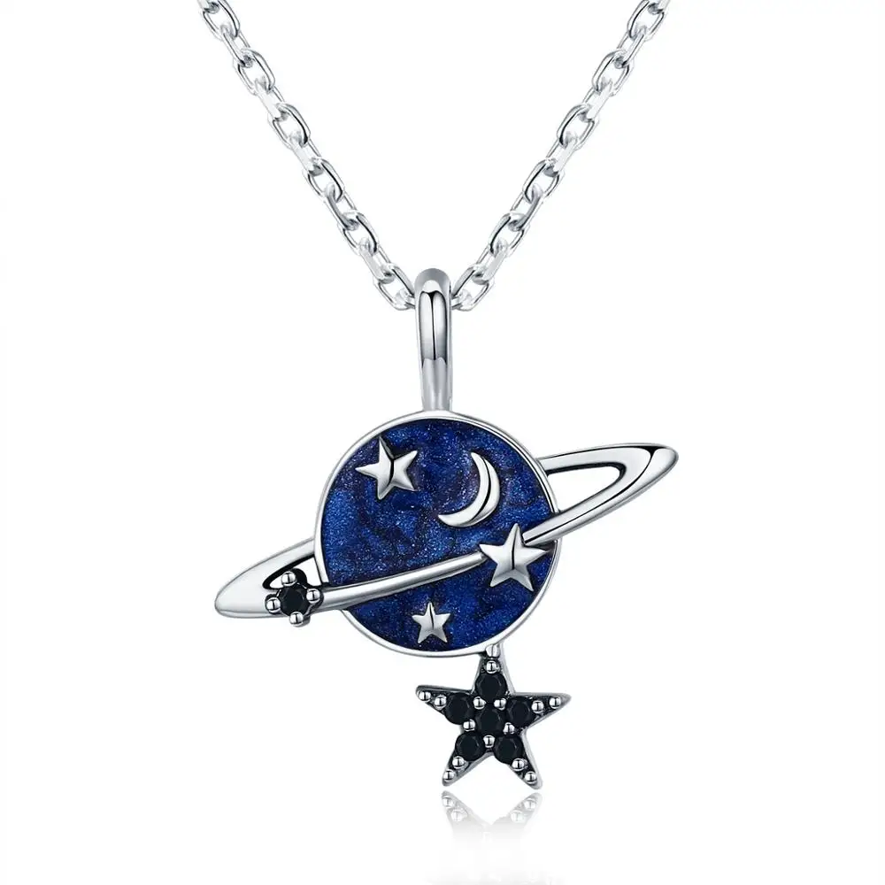 

925 Sterling Silver Blue Planet Pendant Necklace Charming Moon Stars Jewelry