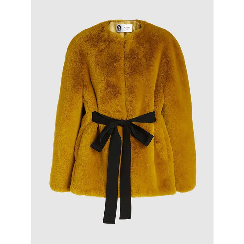 

Women Oversized Faux Fur Coat&Jacket Crew Neck Belted Yellow Mink Fur, Light brown;brown;green;black