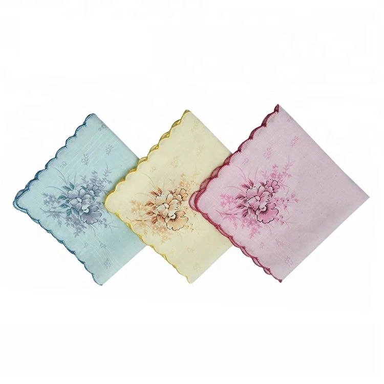 Custom Printed Floral Design Organic Cotton Handkerchief With Scallop