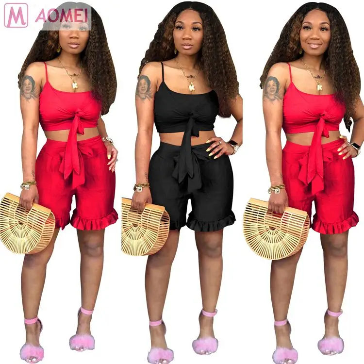 

F3005 solid suspender band woman summer tank top shorts pants two piece set with agaric edge, N/a