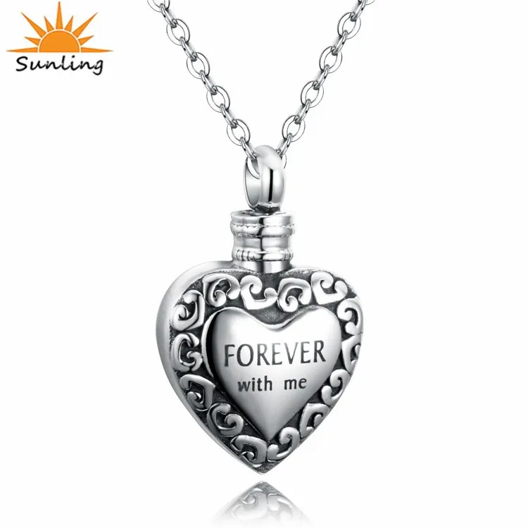 

Wholesale No MOQ Silver Heart Forever with Me Cremation Urn Pendant Necklace for Ash Keepsake Memorial Jewelry Factory OEM