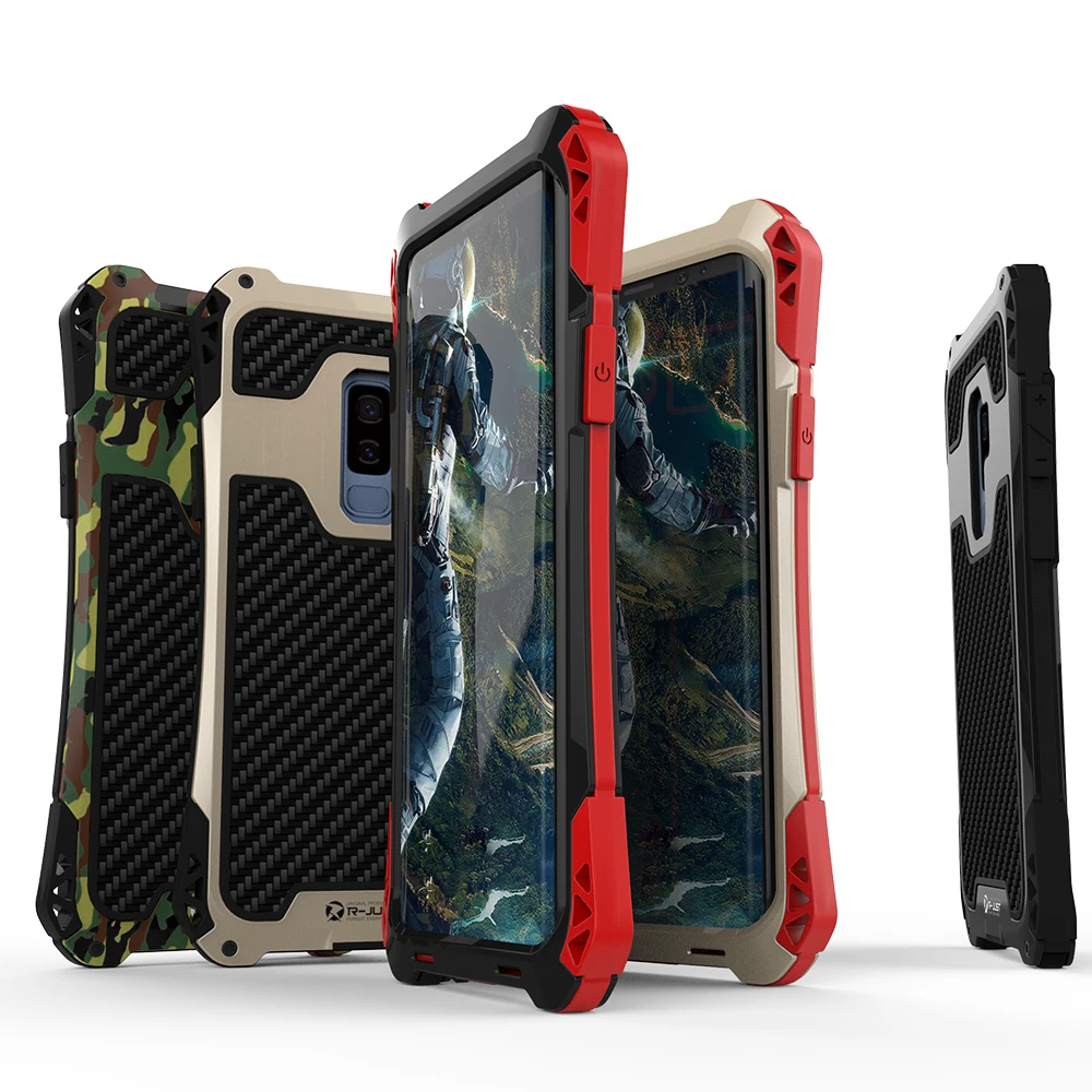 

R - JUST Shockproof Carbon Fiber Aluminum Metal Armor Case For Samsung Galaxy S9 S9plus Mobile Cell Phone Cover, Black;red;camouflage green;gold black