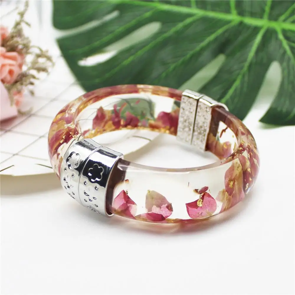 

Fashion Epoxy Resin Dried Flower Bracelet Open Rose Petal Bottom Bangle for Women, As the picture