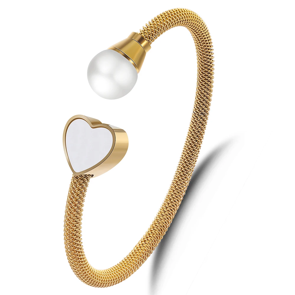 

New Arrivals 18k Gold Plated Stainless Steel Cuff Bracelet Cable Wire Heart Pearl Bracelets Jewelry