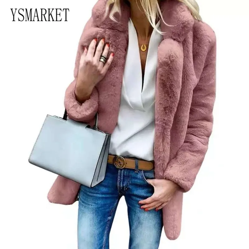 

S-3XL Fluffy Faux Fur Cardigan Coats Thick Plus Size Tops Solid Color Long Sleeve Lapel Women Fleece Coat Winter Clothing ELG005