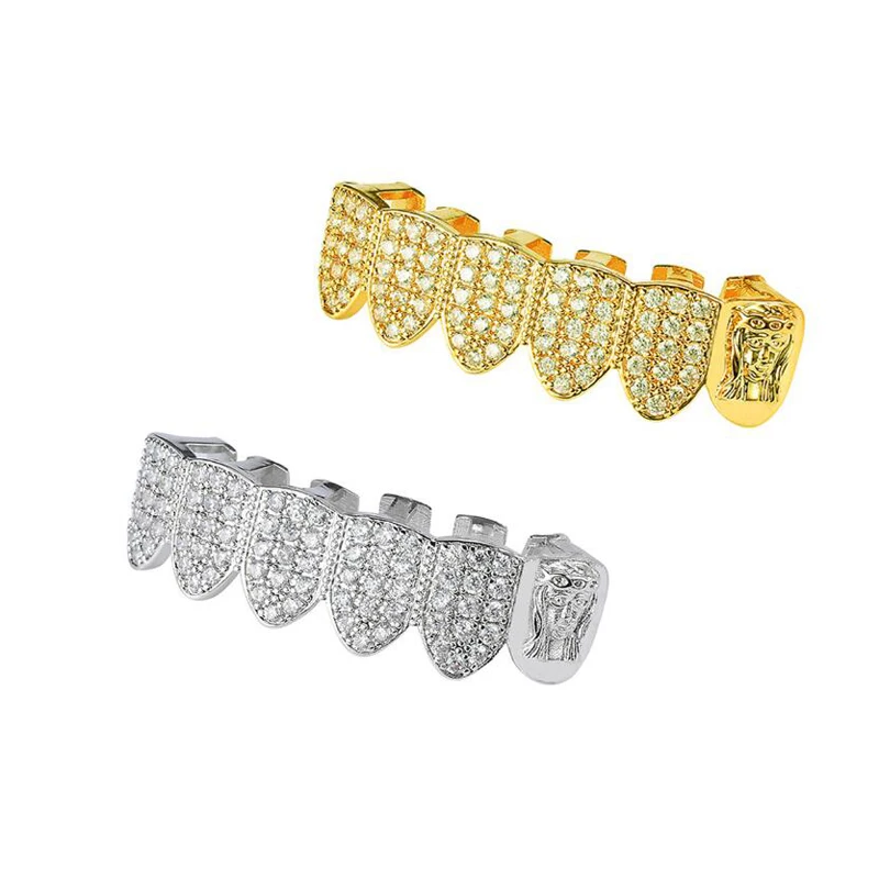 

Blues Hip hop Copper Europe America Jesus Christ Zircon gold color teeth Grillz For Halloween Accessory Gift TG166, Silver,reall gold