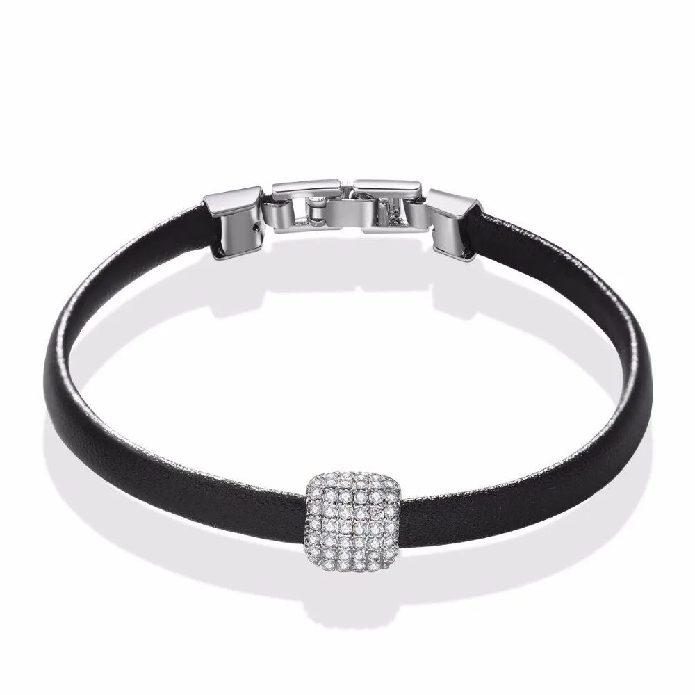 

LUOTEEMI Women Fashion Simple Geometric Zircon Mirco Paved Beads Handmade Charm Black PU Leather Bracelets & Bangles