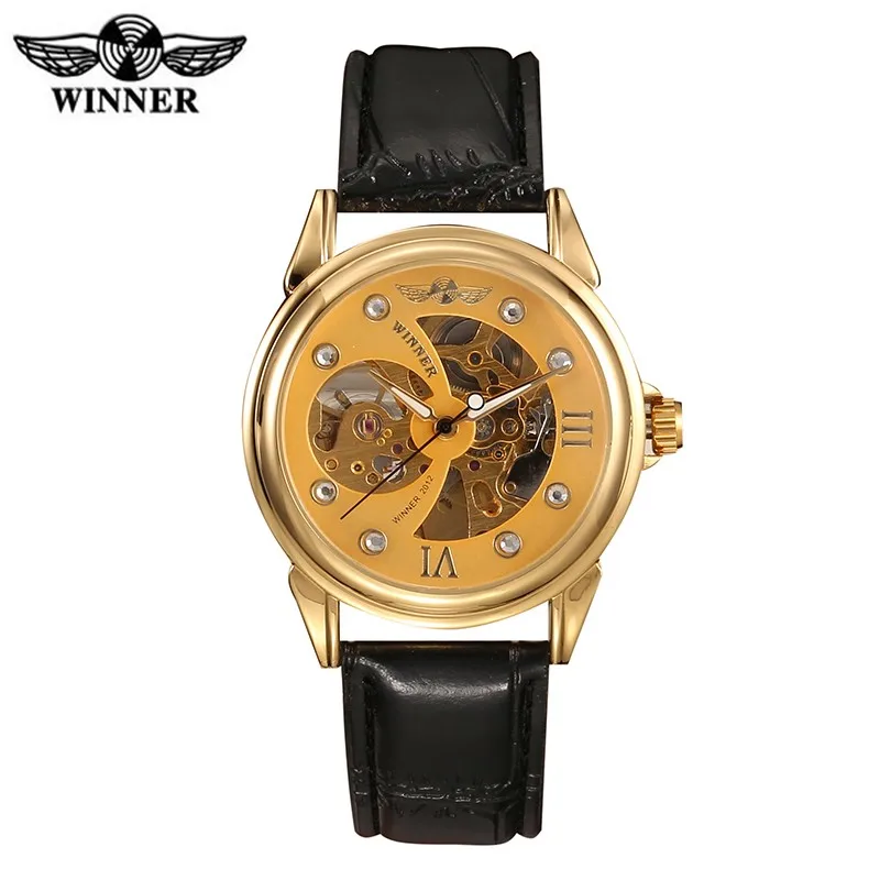 

WINNER watches men low price good quality hand wind mechanical watch male dress luxury black band gold case skeleton watch