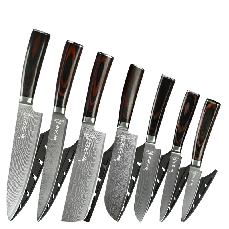 

Yangjiang Handmade Forged 67 Layer Qing Brand 7 Pieces Knife Kitchen Damascus Steel Set VG10 Damascus Knife Set With Sheath, Brown and black