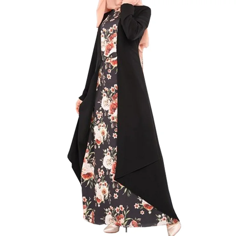 

Muslim style print stitching two-piece dress Long Sleeve O-neck Women Dress Robe With Flower Print