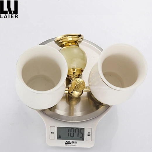 
Gold Sanitary Accessories for Bathroom Tumbler Holders Double with Jade Stone Decor Ceramic Cup 