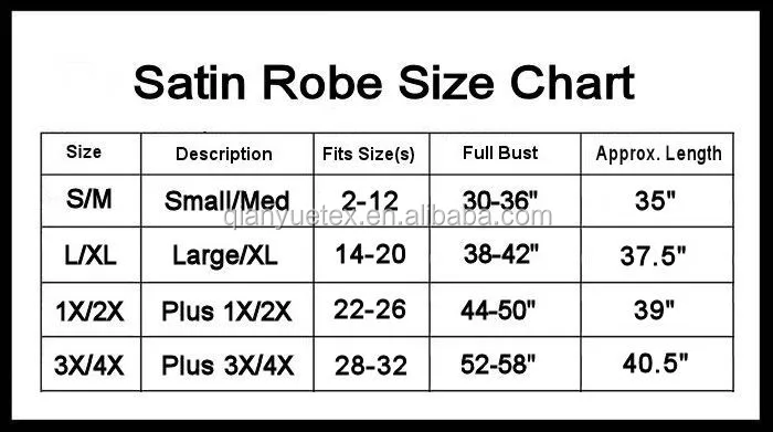 NEW Satin Robe Size Chart