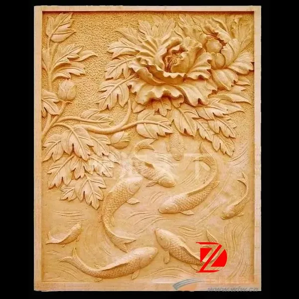 
yellow sandstone flower relief with fish carving 