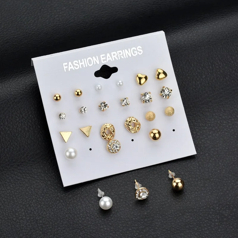 
Trendy Style 12 pair/set Square Crystal Heart Stud Earrings Women Piercing Simulated Pearl Flower Earring 