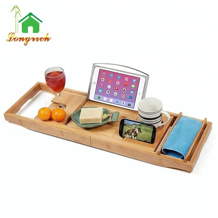 

Adjustable Bamboo Shower Tray Bath Caddy with Moveable Box