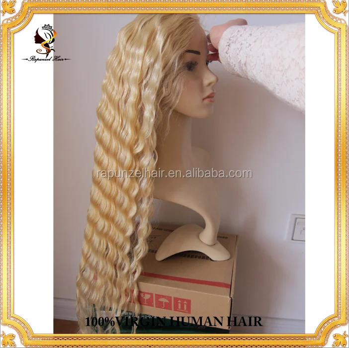 Top quality Cheap Deep Wave Brazilian remy hair color 613 blonde human hair full lace wig for sale