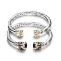 

Fashion Vintage Fancy Gift Women Inlay Gemstone Open Bracelet Stainless Steel Bangle Cable Wire Twisted Cuff Bracelet