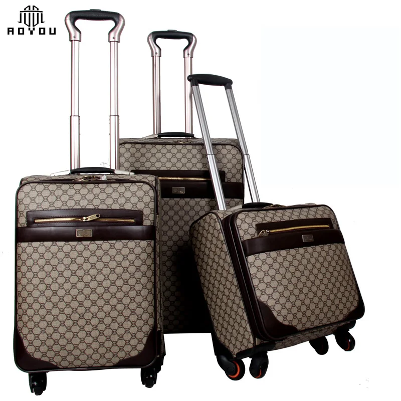 

3pcs 16/20/24 inch luggage set China Factory PU Leather Spinner 4 Wheels 3pcs Set Luggage Suitcase, Coffee