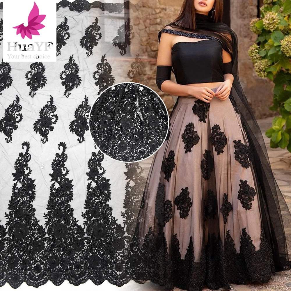 

Pure handmade beaded lace black tulle lace dress fabric with 3d flowers french lace for fashion show HY0751-7