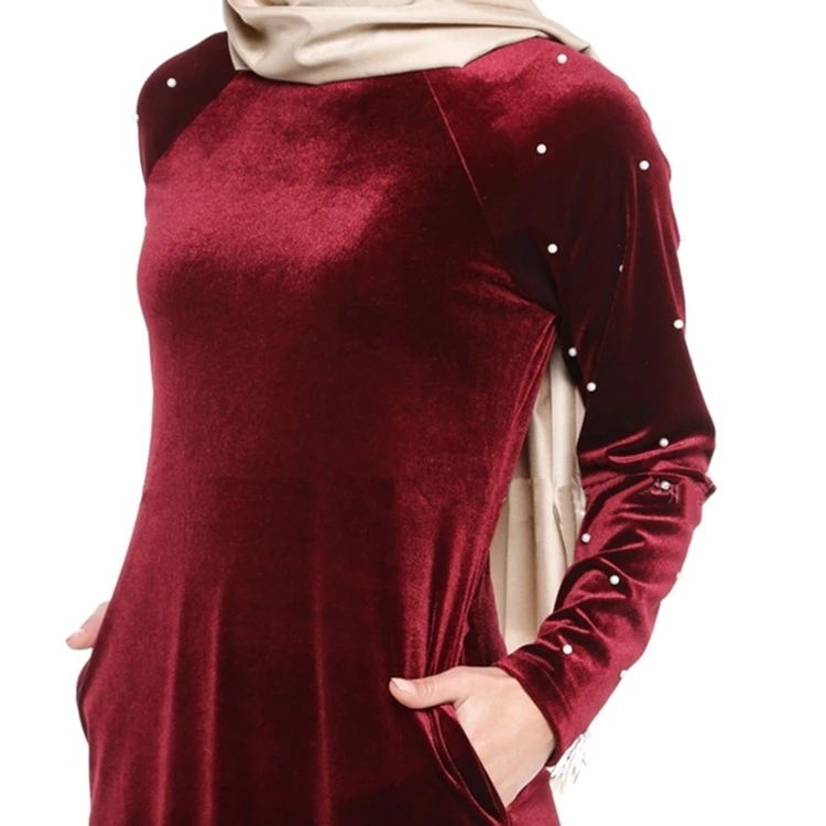 最佳品质珍珠装饰长袖伊斯兰服装穆斯林服饰女装 abaya