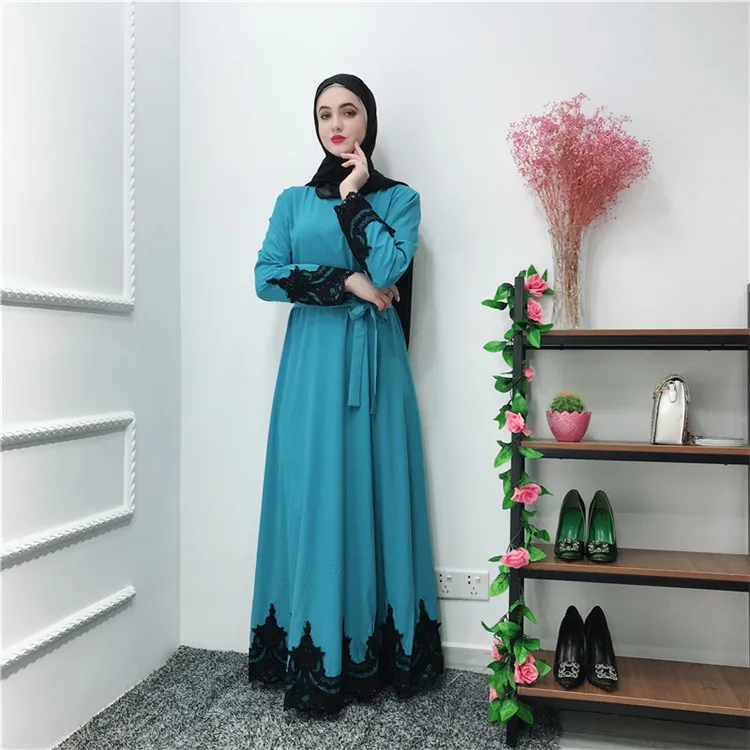 

Hot sale arabic ethnic lace muslim women party long dress, Blue
