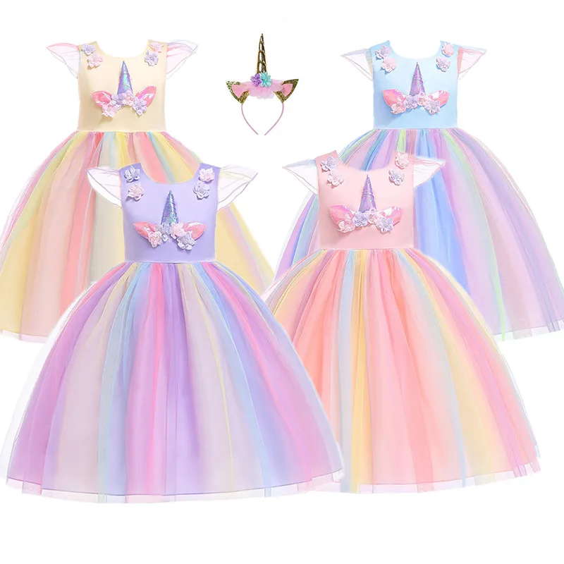 

Children Unicorn Party Princess Dress up Flower Gilr Dresses Kids girl wedding party Dress