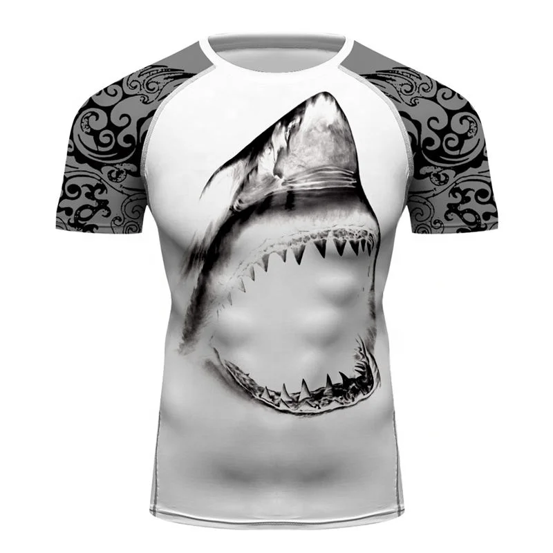 

3D Printing Men Rash Guards Cool Shark Sea Monster MMA BJJ Tshirt Tops Custom Jaws Marathon Running Singlet, Black/red