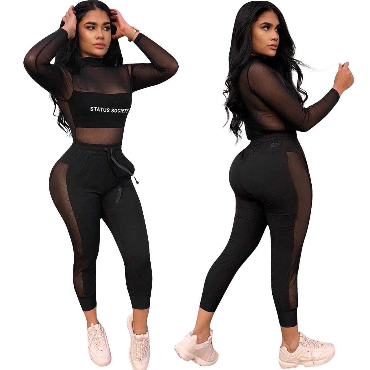 Ladies custom logo sexy black mesh transparent two piece set for women