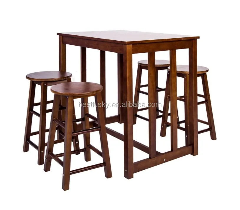 Pine Wood 5 Piece Bar Table Set High Pub Table Set With 4 Bar