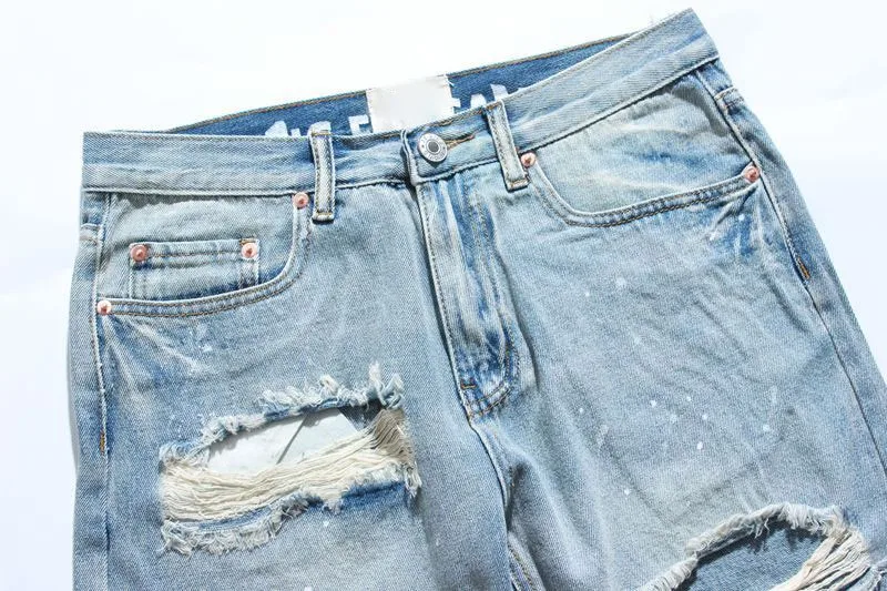 New Arrival Ripped Destroyed Distressed Denim Shorts Mens Hole Denim Shorts Blue Male Hip Hop