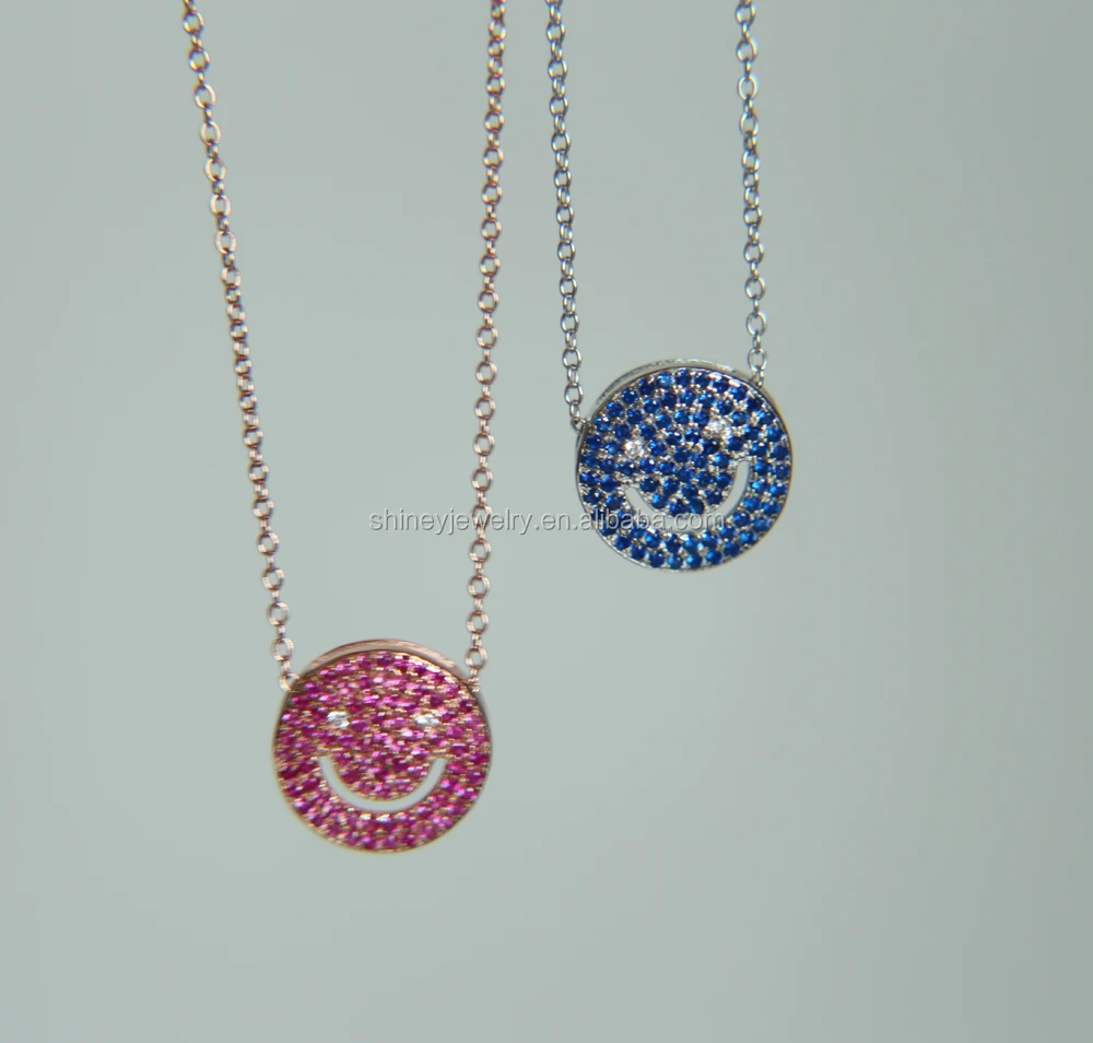 

Sterling Silver vermeil micro PAVE BLUE RED CUBIC zirconia smile smily face silver pendant necklace
