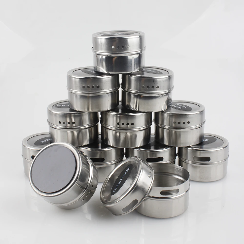 

Amazon Hot Sale Stainless Steel Magnetic Spice Tins with Rack, filter Sift hinge cover, Customized