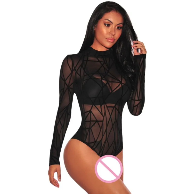 

Black Sheer Long Sleeve Mesh Geometric Velvet Most Popular Lady Women Sexy Lingerie Bodysuit V32166