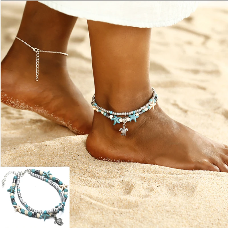 

Fashion New Design Adjustable Bohemian Beads Beach Starfish Anklet Boho Handmade Sea Turtle Anklet For Women, As picture show