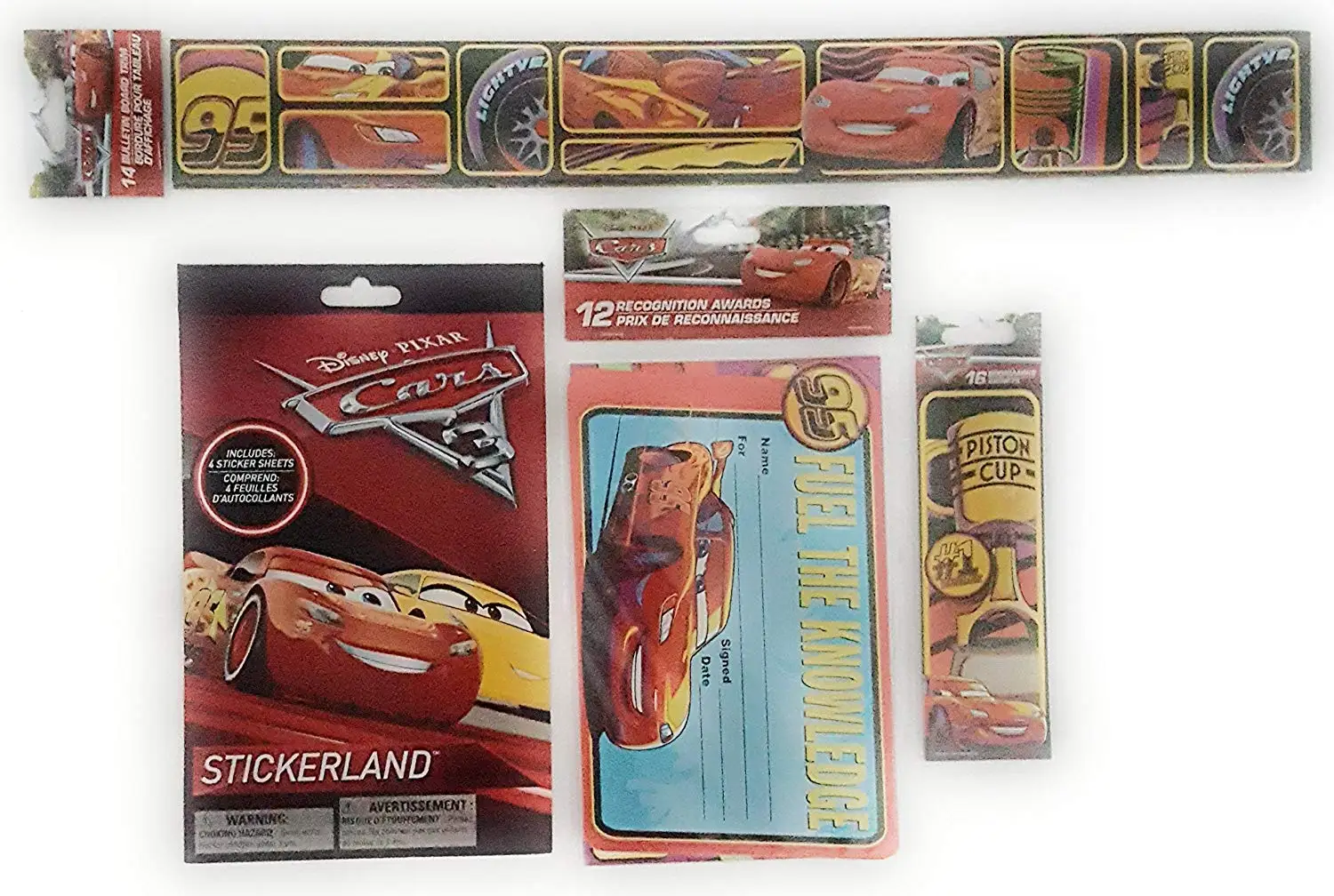 Back to School Pixar Cars Toddler Pre-School Elementary School Supplies Classroom Wall Trim Border Bookmarks Recognition Awards Stickers Bundle of 4