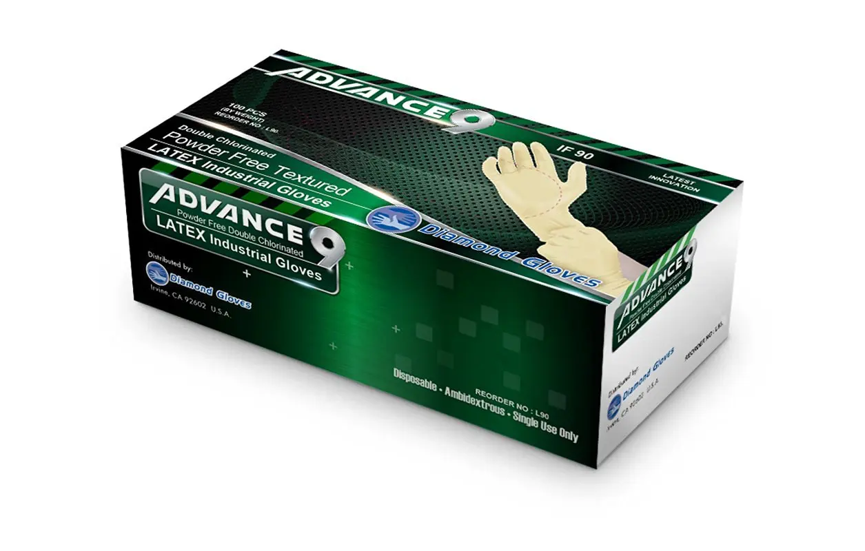 Diamond Gloves Advance9 Double Chlorinated Powder-Free Textured Latex Industrial Gloves, Heavy Duty, Medium, 100 Count