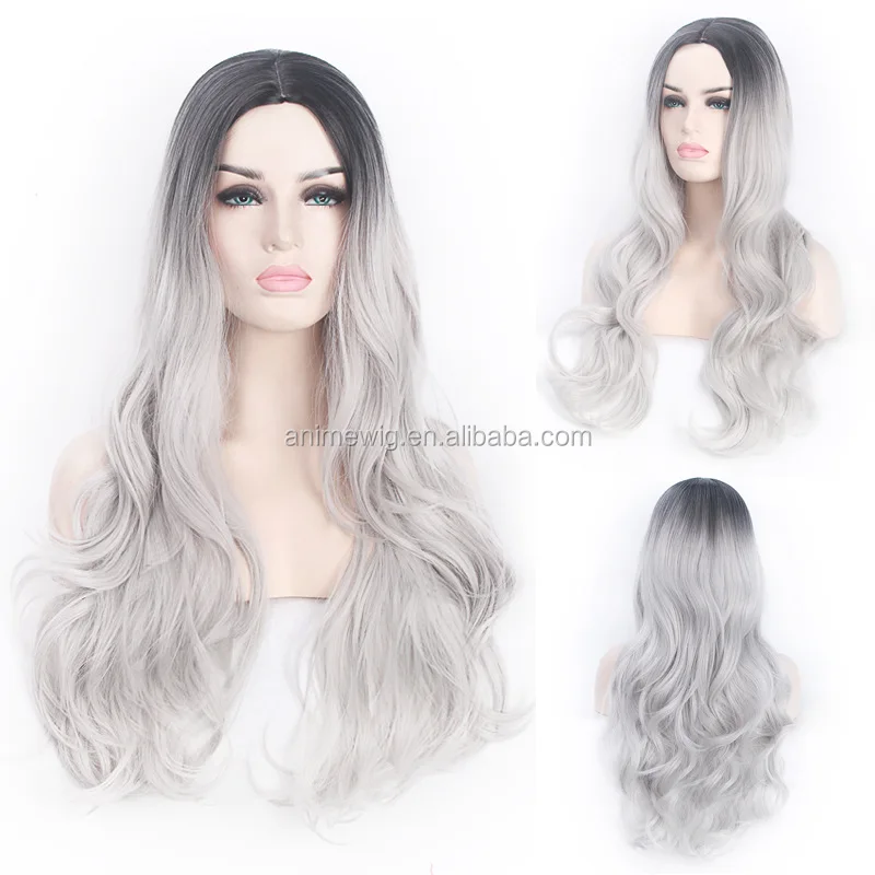 

70cm Long Wave Anime Cosplay Wig Black&Gray Mixed Lolita Synthetic Lace Fashipn Hair Wig for Women