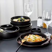 

Top choice 9pcs luxury fine round black tracing gold dinnerware porcelain dinner tableware set