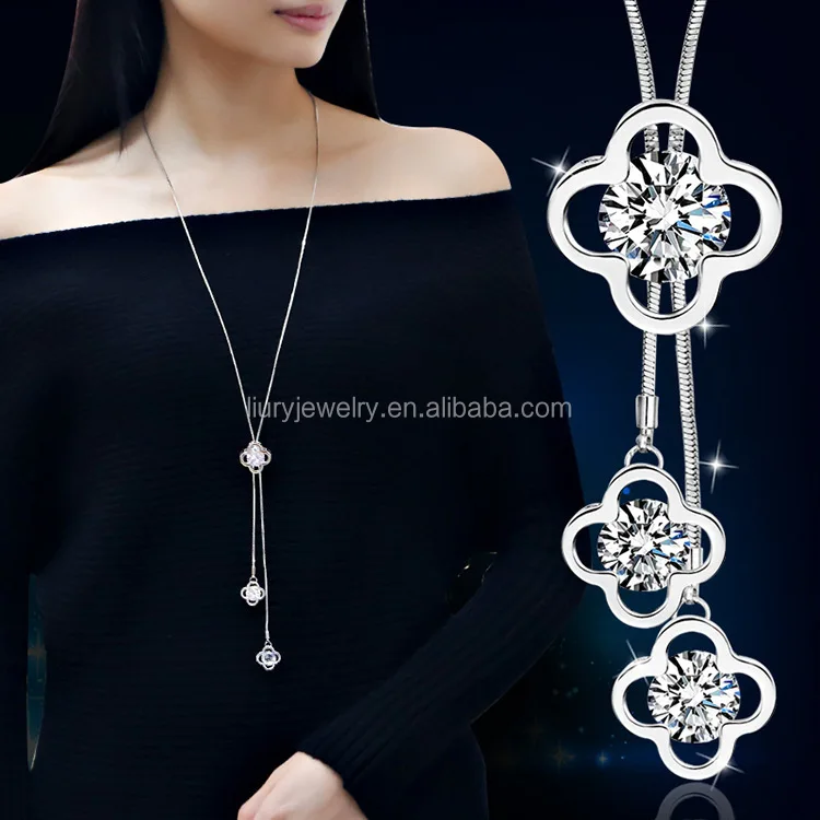 

high quality nickel free AA zircon clover necklaces fashion women long sweater necklace adjustable chain necklace