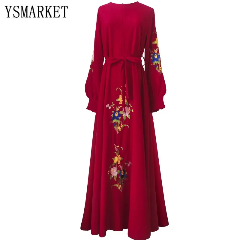 

Elegant Fit and Flare Dress Belts floral Embroidered Big Hem Muslim Middle Eastern Dresses Long Sleeve Maxi Vintage ELQ100122
