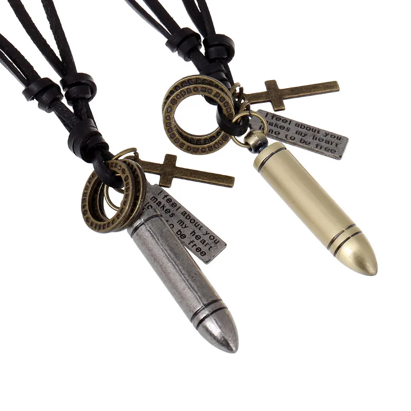 

Laser cut leather necklace men's bullet pendant necklace