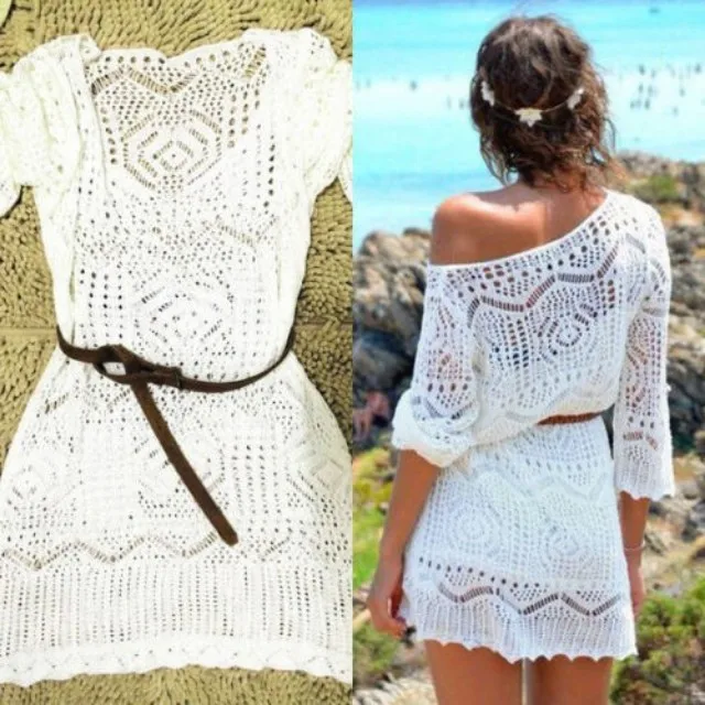 

Sexy Women Lace Crochet Dress Summer Beach Dress White See Through MIni Dress