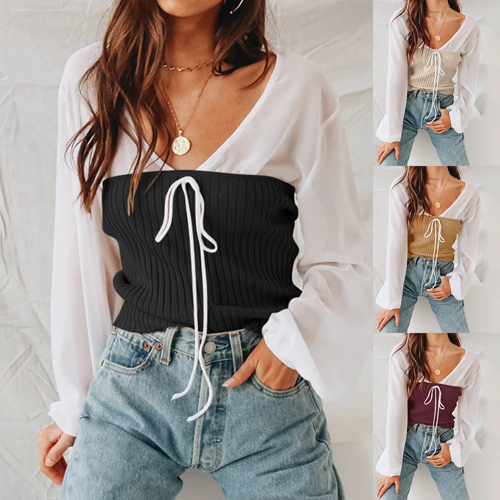 

Custom Loose V-neck Long-Sleeved Strap Two-Piece Burst Top Lady Woman Blouse, Yellow;black;apricot;jujube
