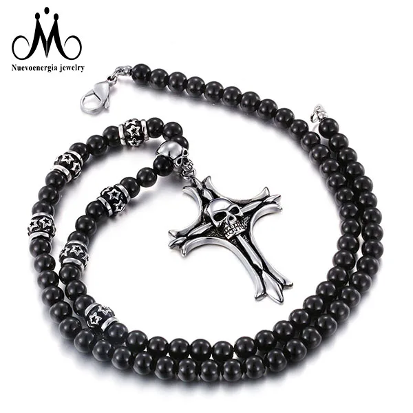 

Pendant Necklace Beaded Black Agate Skull Cross Stainless Steel Chain Link Natural Stone Necklaces